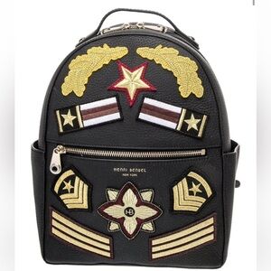 Henri Bendel Black Backpack with Gold and Red Embroidery